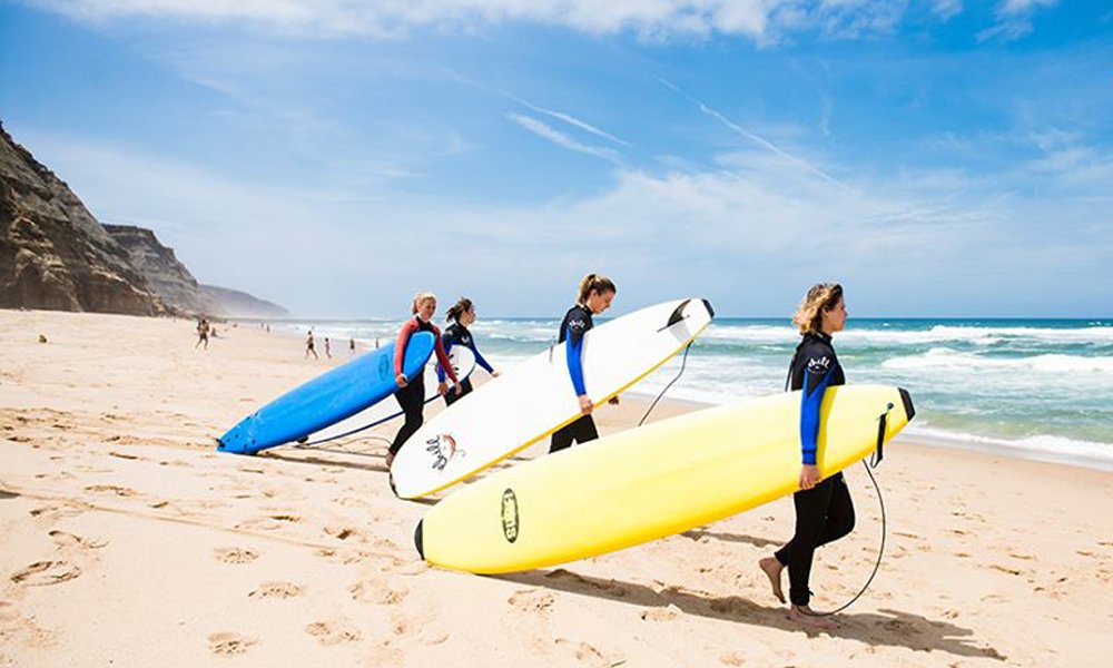 Surf class at a beach in Portugal